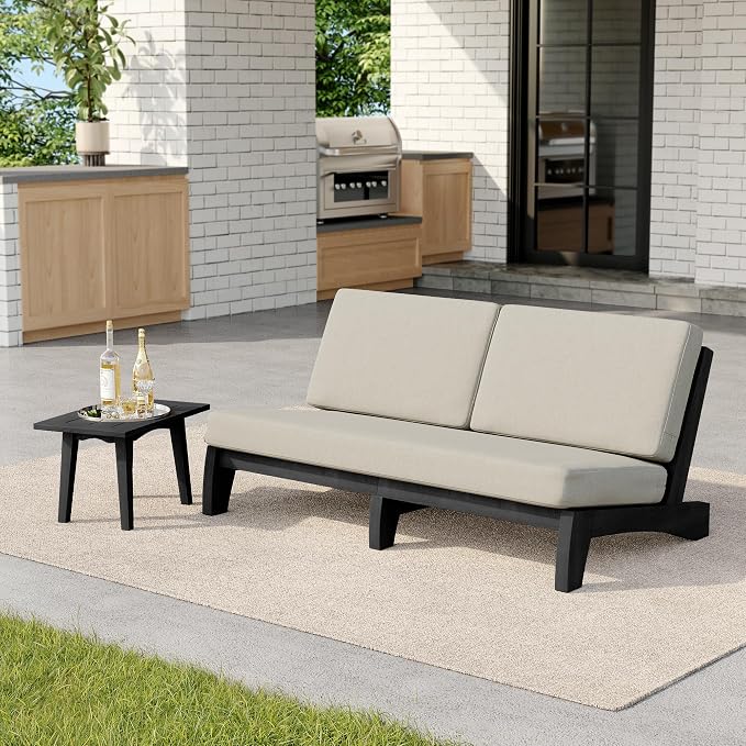 2 Pieces Patio Furniture Sets, All-Weather Outdoor Wood Bistro Set Patio Conversation Side Table Chiars and Patio Loveseat for Balcony, Backyard