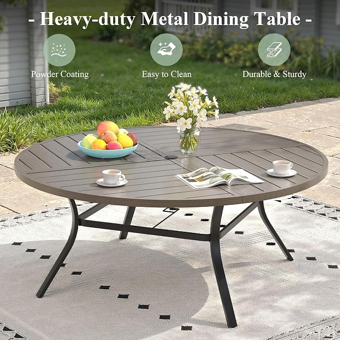 Outdoor Dining Set for 8, 63.1" Metal Round Outdoor Dining Table with Umbrella Hole and Sling Patio Swivel Chairs, 9 Pieces Patio Table and Chairs Set for Garden Backyard, Grey
