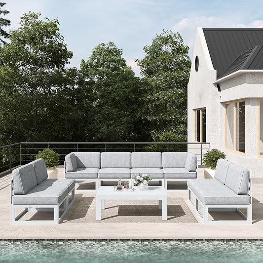 LayinSun 9 Pieces Modern Aluminum Patio Furniture Set with Coffee Table, Outdoor Modular Sectional Conversation Set L-Shaped Sofa for Backyard