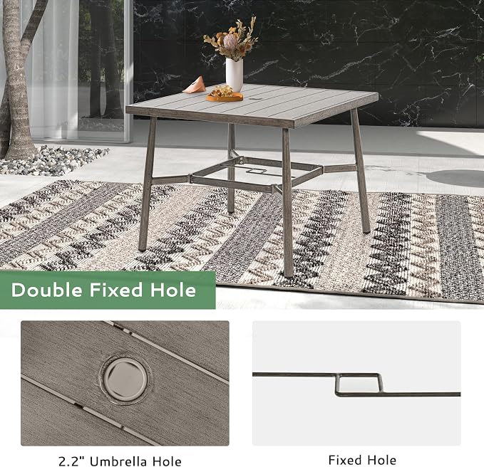 5-Piece Outdoor Dining Set - Aluminum Patio Dining Set with Rope Backrest,2 Swivel Rocking Chairs,2 Fixed Chairs and Square Table with Umbrella Hole,Removable Cushion for Lawn Porch Yard,Grey