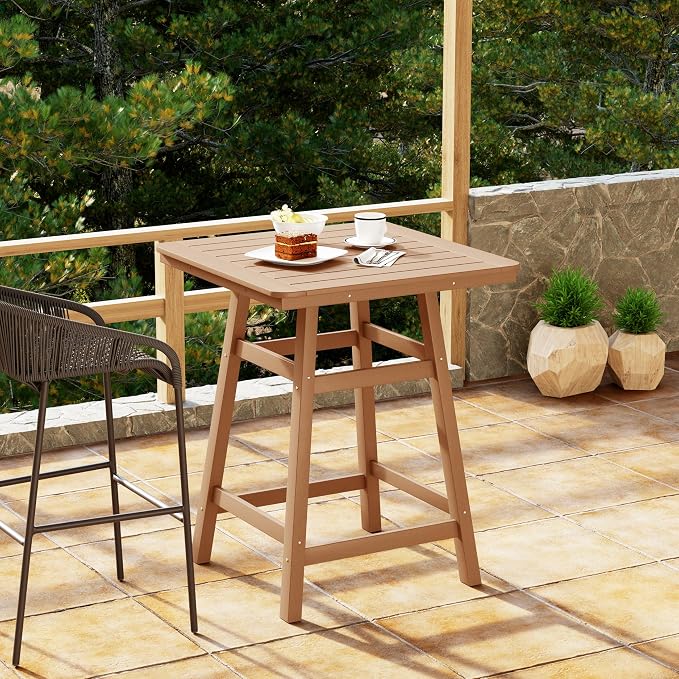 Costaelm Outdoor Bar Table, 37" Counter Height Square Patio Cocktail Bar Table with Umbrella Hole, Patio Bistro Dining Pub Table for Front Porch Deck Backyard Garden, Teak