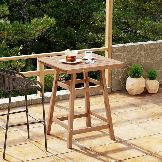Costaelm Outdoor Bar Table, 37" Counter Height Square Patio Cocktail Bar Table with Umbrella Hole, Patio Bistro Dining Pub Table for Front Porch Deck Backyard Garden, Teak