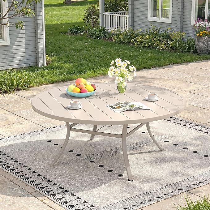 Outdoor Dining Table for 8, 60" Round Outdoor Table with Adjustable Umbrella Hole, All-Weather Metal Patio Dining Table for Lawn Garden Backyard Deck, Sandshell