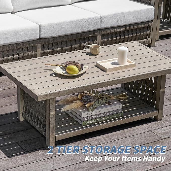 4 Pieces Patio Furniture Set, Outdoor Conversation Set with Coffee Table, 3-Seat Sofa & Swivel Chair, Rope Weave & Aluminum Frame, Contemporary Sofa with Cushion for Porch Yard Deck, Gray Oak