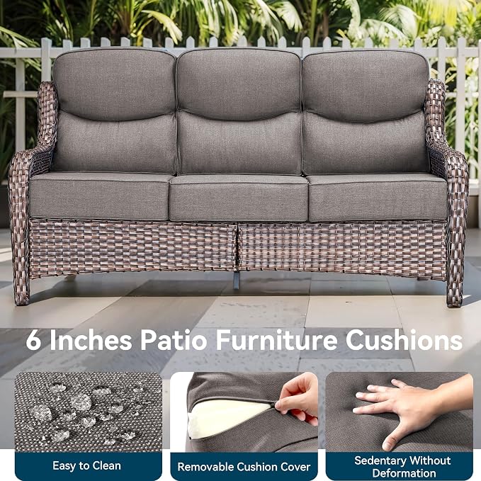 Luxury High Back Outdoor Furniture 6-Inch Thick Cushions with 50,000 BTU Gas Propane Fire Pit Tablet, Patio Furniture Set with Swivel Chairs, 8 PCS for Porch, Balcony, Deck and Yard