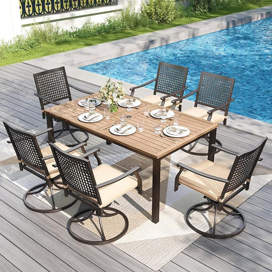 PHI VILLA Outdoor Dining Set for 6, Brown Metal Table & Swivel Chairs | 7 pcs 65" rectangle wrought iron furniture set w/ umbrella hole. All weather for patio, deck, yard, porch
