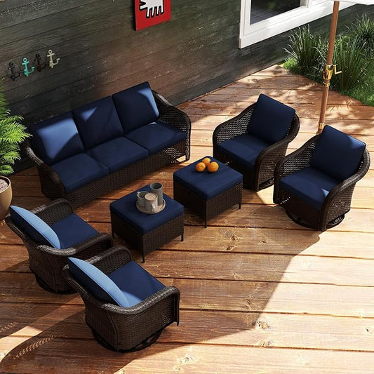 7 Piece Patio Wicker Conversation Set, All-Weather Use Outdoor Wicker Sofa with 4 PE Rattan Ottomans,4 Swivel Chair, Ideal for Porch, Backyard, Balcony, Poolside, Blue