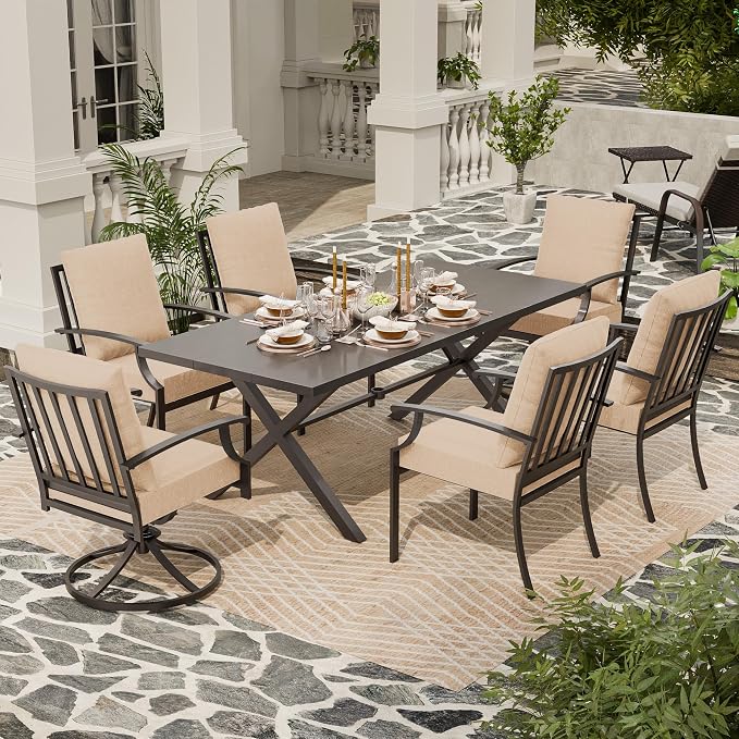 7 Piece Outdoor Dining Set for 6, Metal Patio Table and Chairs with Cushions, Patio Furniture Set with 2 Swivel Chairs, Rectangular Patio Dining Table with Umbrella Hole, Lawn Deck, Yard-Sand