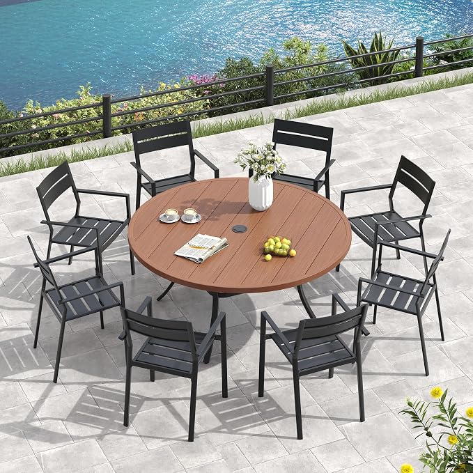 VICLLAX 63" Round Patio Table, Outdoor Dining Table for 8-10 with Umbrella Hole for Garden Lawn Deck Backyard, Walnut