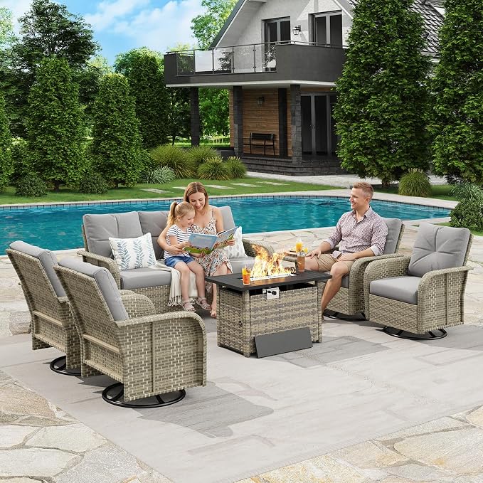 LazySunsets Luxury 10-Piece Patio Furniture Set with 44'' Fire Pit Table, Wicker Rattan Sofa with Thick Cushion, Outdoor Conversation Set for Backyard, Poolside & Garden, Beige/Gray