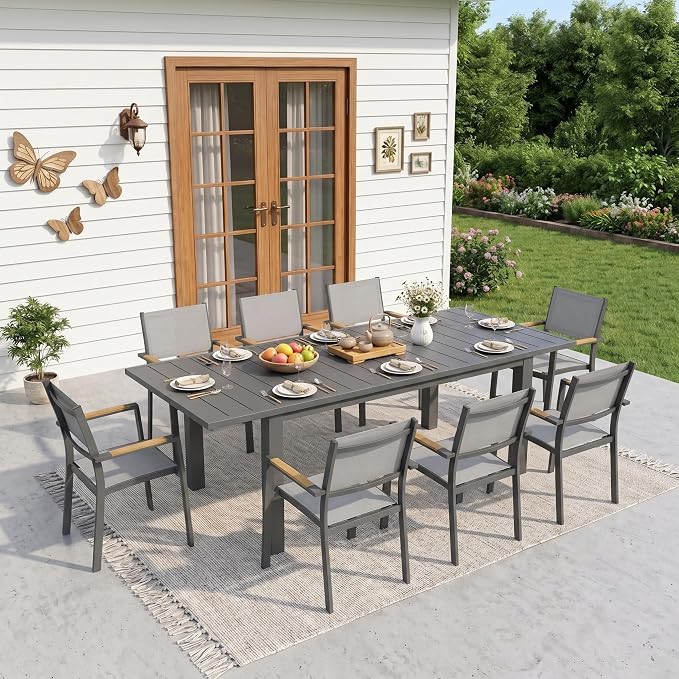 RoyalCraft Aluminum Outdoor Patio Table and Chairs Set with 91.33" L -39.37" W Expandable Dining Table, 9-Pieces Patio Furniture Set for 8, Patio Table Set with Stackable Quick Drying Chairs, Grey