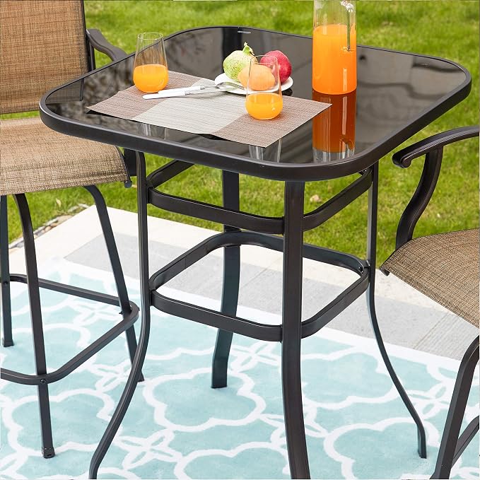 LOKATSE HOME Outdoor Bistro Bar Height Table Metal Frame Square Tempered Furniture Glass Top All Weather for Patio
