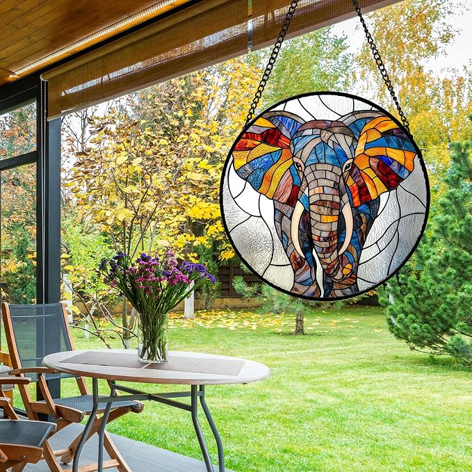 Stained Glass Window Hanging, Colorful Elephant Sun Catcher for Door Home Decor Animal Suncatcher Christmas Mother's Day Birthday Gifts for Women Men Mom and Nana 9.8 in