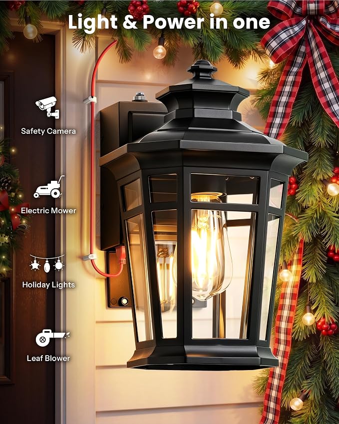 Gleamz Large Dusk to Dawn Outdoor Lighting with GFCI Outlet, Black Exterior Lighting Fixtures, Outdoor Porch Lights Wall Mount for Garage, Patio, Coach, 100% Aluminum Anti-Rust Waterproof