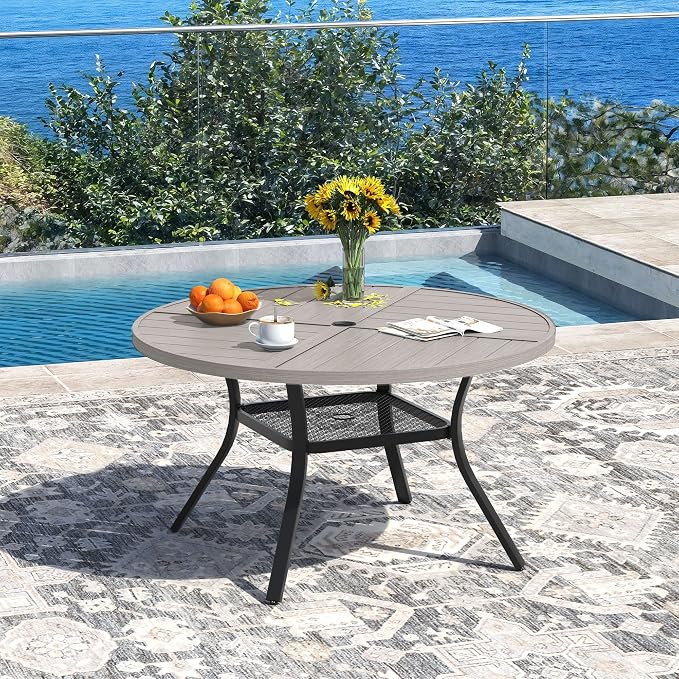 DIFY 5 Pieces Outdoor Patio Dining Set for 4, 40.6" Grey Wood-Like Round Metal Dining Table and 4 Sandshell Stackable Sling Dining Chairs, Outdoor Table and Chairs for Lawn Garden Backyard Deck
