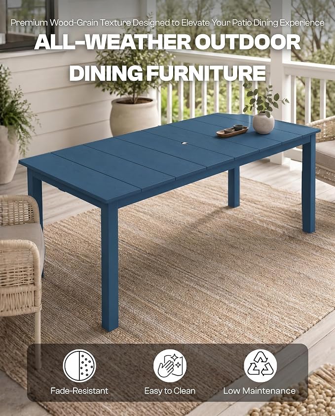 75.2" HDPE Outdoor Dining Table for 4-6 People, Rectangular Patio Dining Table with Umbrella Hole, All Weather Patio Dining Outdoor Table for Deck, Backyard and Garden, Navy Blue