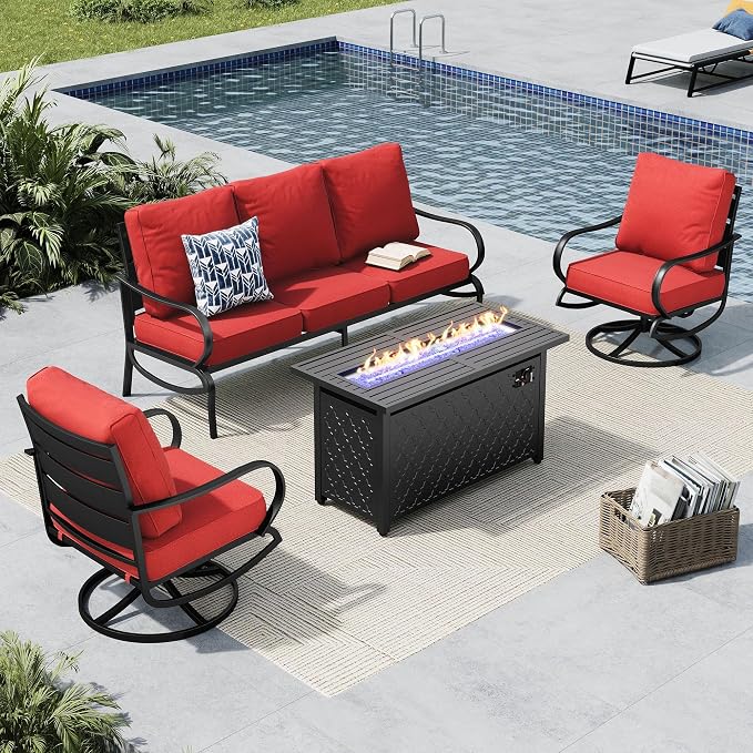 MFSTUDIO 4 Piece Patio Conversation Sets, All Weather Metal Frame Outdoor Furniture Set Patio Sofas with 1 x 45 Rectangular Fire Pit Table,1 x 3-Seat Sofa, 2 x Swivel Chairs, Burgundy Red Cushion