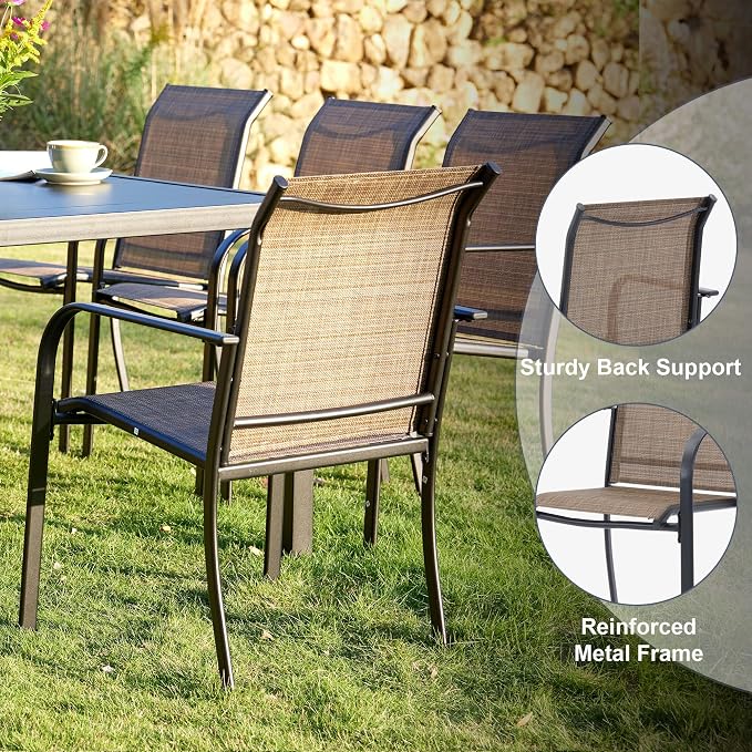 VICLLAX 7 Pieces Patio Outdoor Dining Set, 63" Outdoor Rectangular Metal Dining Table with Umbrella Hole and 6 Stackable Textilene Chairs for Lawn, Garden, Porch, Black/Brown