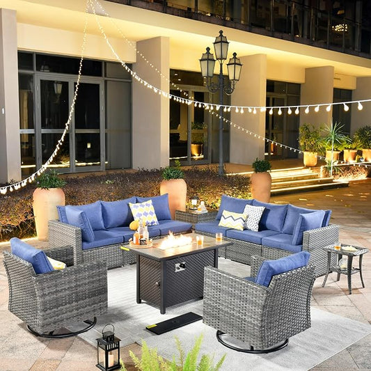 ovios 11 Piece Outdoor Patio Furniture Set with Fire Pit Table,Conversation Sectional Wicker Couch with Swivel Chairs,Modern Outside Sofa for Balcony Backyard, Navy Blue