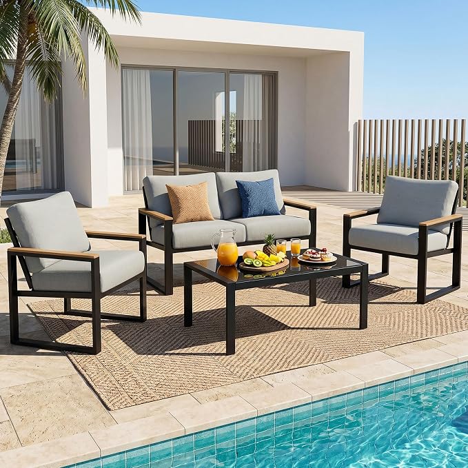 NATURAL EXPRESSIONS 4 Pieces Patio Furniture Sets,Outdoor Metal Sectional Furniture Modern Patio Conversation Set,Fauxwood Anti-Scald Armrest,Sling Mesh,Tempered-Glass Table,4" Olefin Cushions