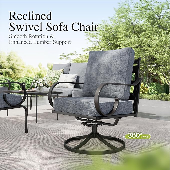 Sophia & William Patio Conversation Set for 7, 3-Seater Sofa, 2 Fixed Chairs, 2 Swivel Chairs and a Coffee Table, Metal Outdoor Furniture with 5.75" Extra Thick Cushions, Grey