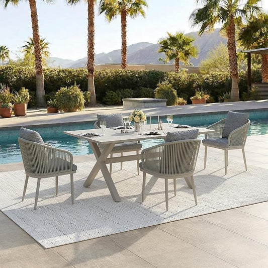 5-Piece Patio Dining Table Sets, Woven Wicker Dining Set with Rectangular Aluminum Table and Dining Chairs Modern Outdoor Dining Furniture Set for Outdoors and Indoors