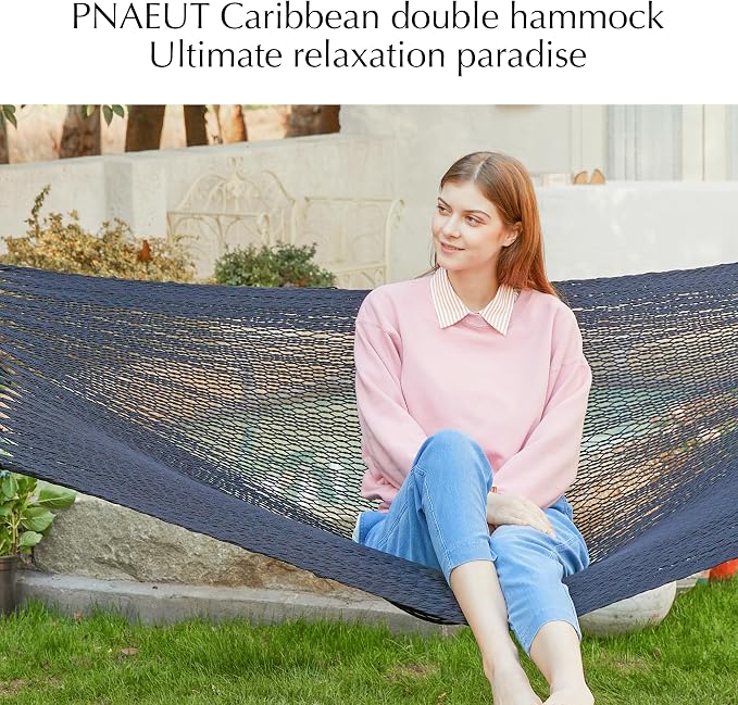 PNAEUT Double Rope Hammocks for Outside, Handwoven Double Caribbean Hammock with Spreader Bar for Outdoor Indoor, Max 600 lbs Capacity (Abyss)
