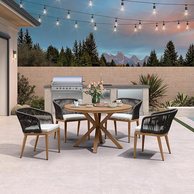 PURPLE LEAF 5 Pieces Oversized Round Patio Dining Set Aluminum Frame and Wicker Rattan Arm Chairs with Cushions for Garden Porch Kitchen Modern Outdoor Teak