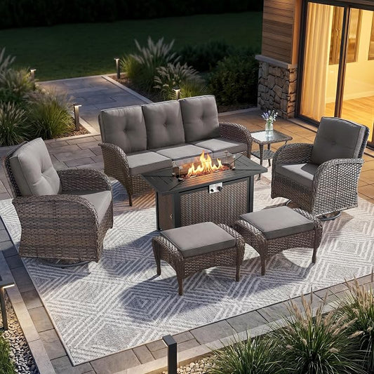 7 Piece Patio Furniture Set with Fire Pit Table - Wicker Patio Conversation Set with Swivel Glider, 3 Seat Sofa, Side Table and 2 Ottomans for Deck Backyard - Brown Wicker Grey Cushion