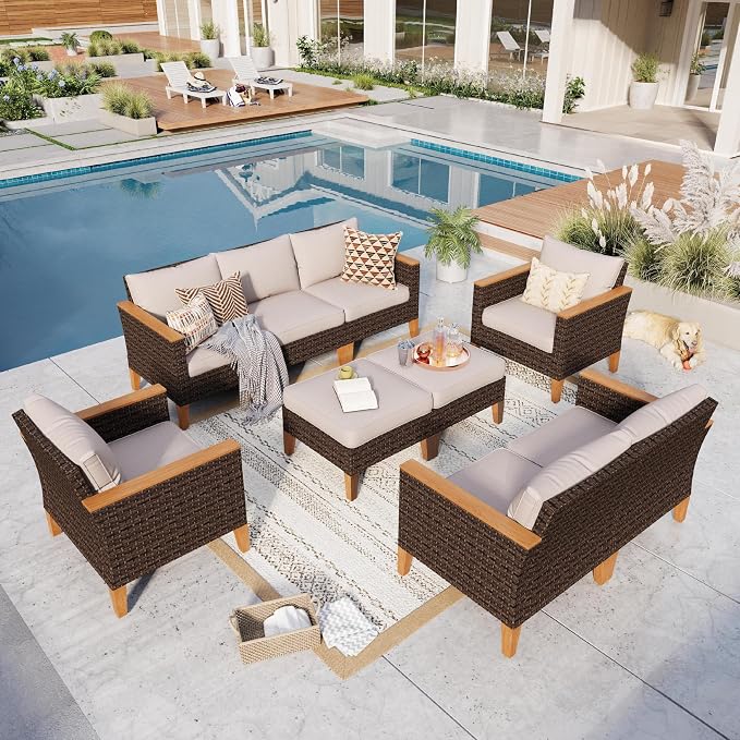 GREEN PARTY 9 Pieces Wicker Patio Furniture Set, All-Weather Outdoor Rattan Patio Sectional Sofa Conversation Set 9 Seats with 4" Thick Cushions for Garden, Backyard, 2 x Ottomans