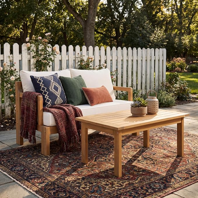 Christopher Knight Home Bayah Acacia Wood Outdoor Loveseat and Coffee Table Set, 2 Piece Patio Furniture Set with Water-Repellent Cushion, Solid Wood Outdoor Conversation Set, Beige+Natural