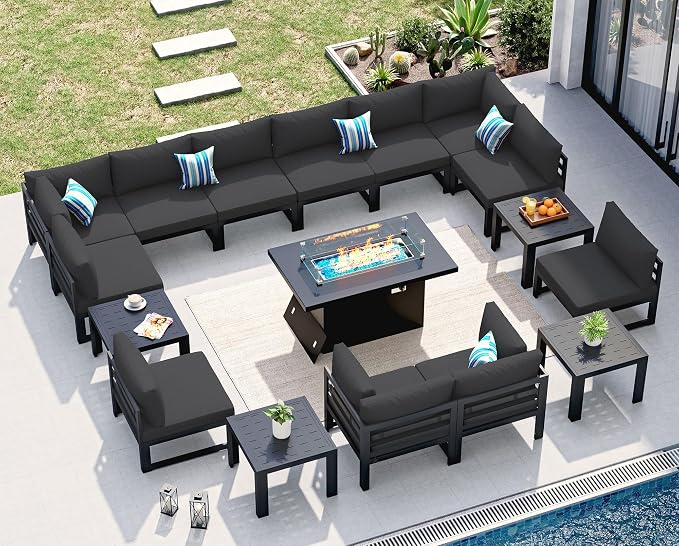 NICESOUL 17 Piece Extra Large Aluminum Patio Furniture Set with Fire Pit Table & End Table, 29" Deep Wide Seating, 500 lbs High Weight Capacity, Comfortable Outdoor Sectional Sofa for Poolside, Black