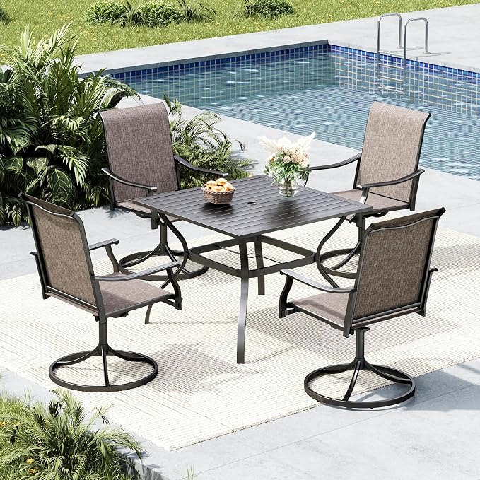 MFSTUDIO Outdoor Patio Dining Set for 4, Outdoor Patio Set with 37"x 37" Square Metal Table, 4 Swivel Patio Chairs, Heavy Duty Outdoor Dining Table and Chairs for Patio Lawn Garden