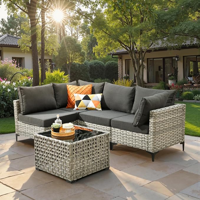 5 Piece Outdoor Patio Furniture with Glowing Coffee Table, Rattan Wicker Conversation Set with Sofa, Sectional Single Chairs for Outside Porch Balcony Backyard Pool,Black