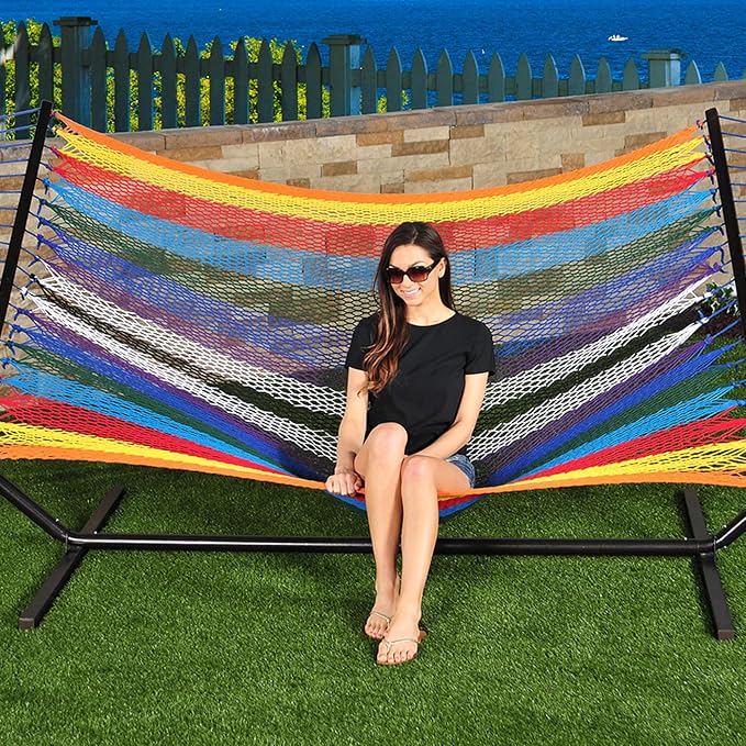 Bliss Hammocks 2-Person Hammock, Weekender 80" x 55" Double Seater Hammock w/Woven Polyester Rope & Wood Spreader Bar - 450 Pound Capacity, Multicolor