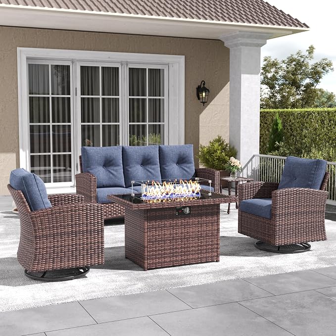 LayinSun 5 Pieces Patio Furniture Set with Swivel Chairs, Rattan Wicker Rocking Glide Chairs with 44" Propane Gas Fire Pit Table Conversation Set