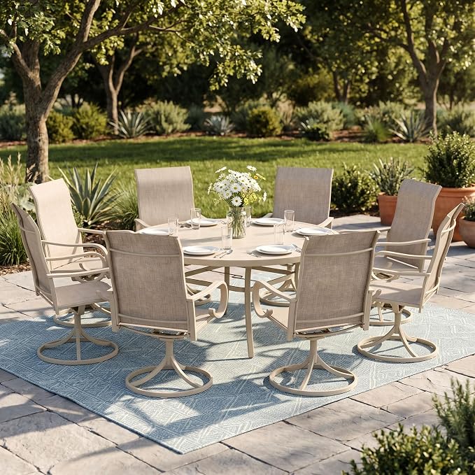 9 Pieces Patio Dining Set, 8 Outdoor Swivel Dining Chairs with 60" Round Metal Outdoor Dining Table with Umbrella Hole for Garden Backyard Deck, Sandshell