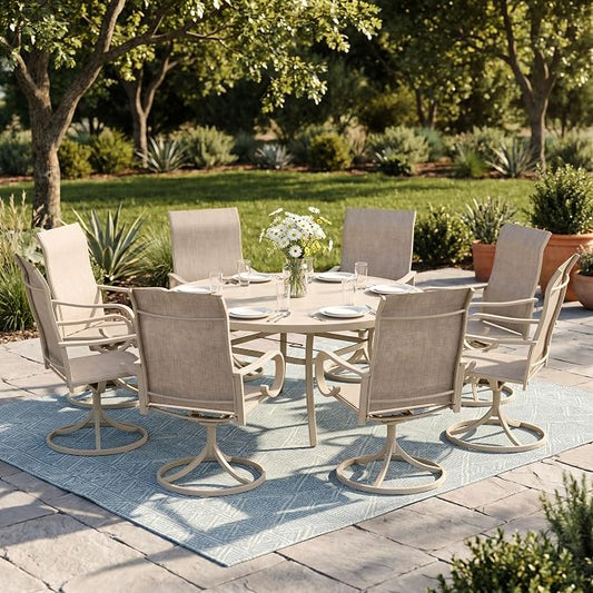 9 Pieces Patio Dining Set, 8 Outdoor Swivel Dining Chairs with 60" Round Metal Outdoor Dining Table with Umbrella Hole for Garden Backyard Deck, Sandshell