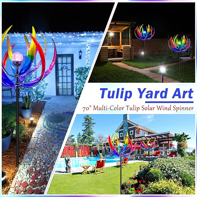 70 in Large Wind Spinners Outdoor, Solar Wind Sculpture, Violet Blue | Metal Windmill with Solar Multi-Color Light, All Weather Decor , Ideal Yard Art for Garden, Backyard, Lawn & Outdoor Decor