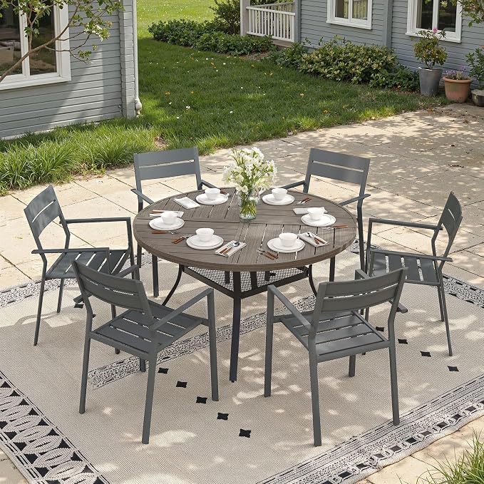 47.2" Outdoor Dining Table with Adjustable Umbrella Hole, Metal Slatted Round Patio Dining Table for Backyard Garden Deck, Antique Grey