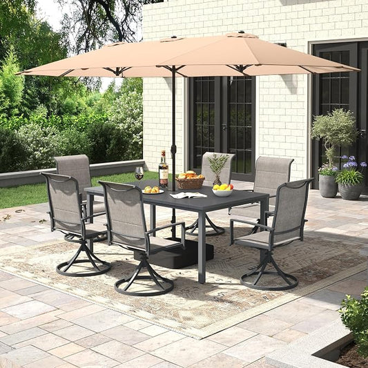 Outdoor Dining Set for 6, 8 Pieces Patio Table and Chairs Set with Umbrella, 63" Outdoor Dining Table and Padded Textilene Patio Swivel Chairs for Garden Backyard, Grey and Dark Grey