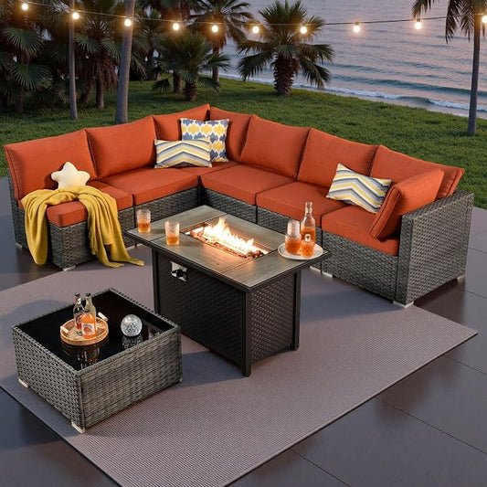 ovios Outdoor 8 Piece Patio Furniture Set with Fire Pit Table,Conversation Sectional Wicker Couch with Coffee Table,Modern Outside Sofa for Balcony Backyard, Orange