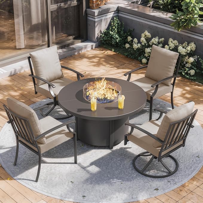 ALAULM 5-Piece Outdoor Dining Set for 4 Metal Outdoor Patio Furniture with 2 Swivel Chairs & 40000 BTU Round Fire Pit Table for Patio, Backyard, Garden-Sand