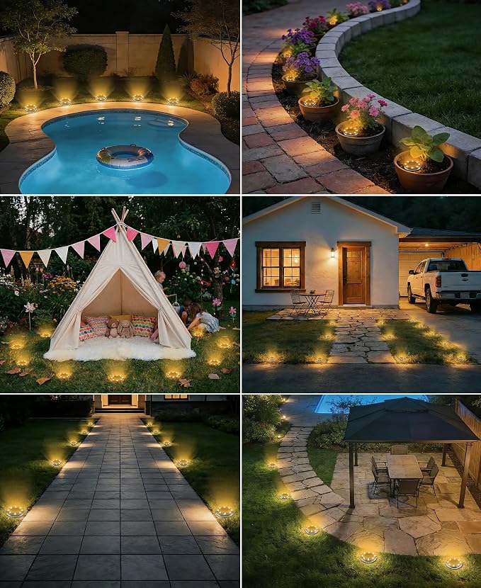 LOTMOS 20 Pack Solar Ground Lights Outdoor, 8 LED Solar Flat Lights IP68 Waterproof Disc Light, Landscape Lighting Solar Powered for Garden Yard Path Driveway Lawn Patio Walkway, Warm White