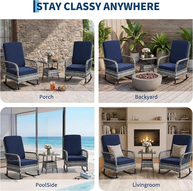 3 pcs Outdoor Rocking Bistro Set, Wicker Rocking Bistro Set with Thick Cushions, Outdoor Rocker Chairs and Coffee Table for Porch, Backyard or Garden (Gray&Blue)