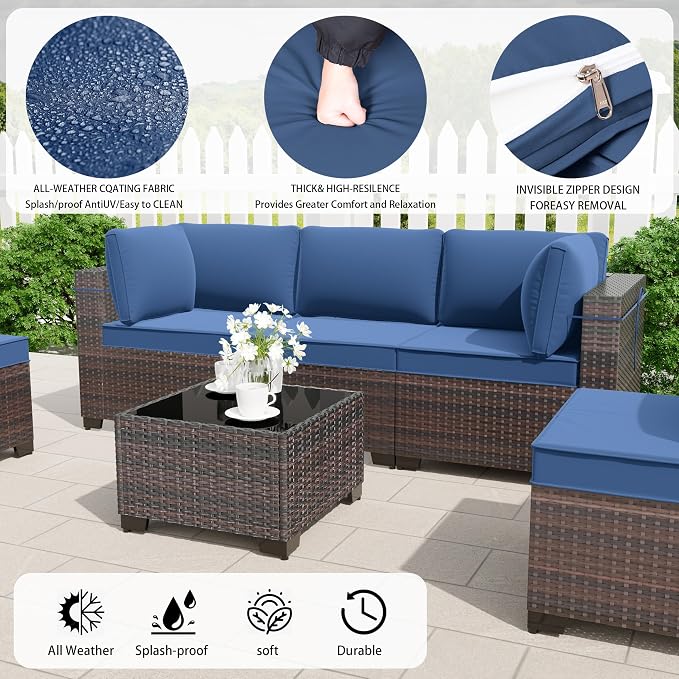 10 Pieces Outdoor Patio Furniture Set,Outdoor Sectional Furniture with 43" 55000 BTU Gas Propane Fire Pit Table,All Weather PE Rattan Wicker Patio Conversation Set with 2 Ottomans,Navy Blue