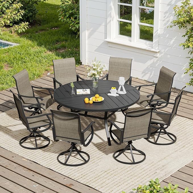 VICLLAX 9 Pieces Patio Dining Set, Patio Furniture Set of 8 Patio Swivel Dining Chairs and 60" Patio Spliced Round Tabletop, Mixed Brown Chairs & Black Tabletop