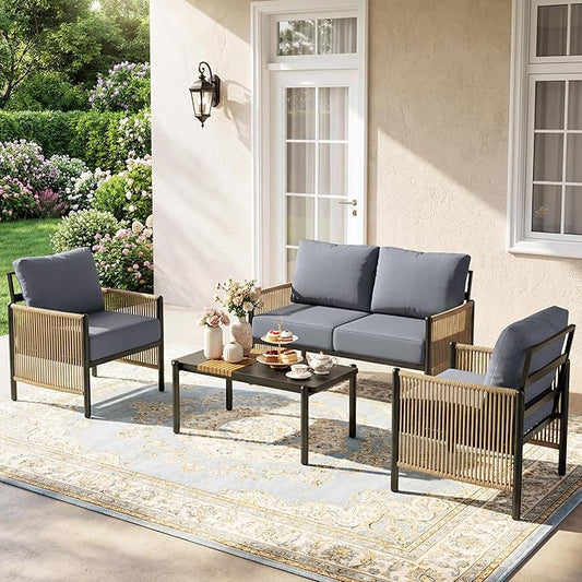 Aluminum Outdoor Patio Furniture Set, 4 Seats Outdoor Sectional with Coffee Table, Patio Conversation Sets with Washable Thick Cushions and Waterproof Cover forBackyard/Garden/Poolside, Gray