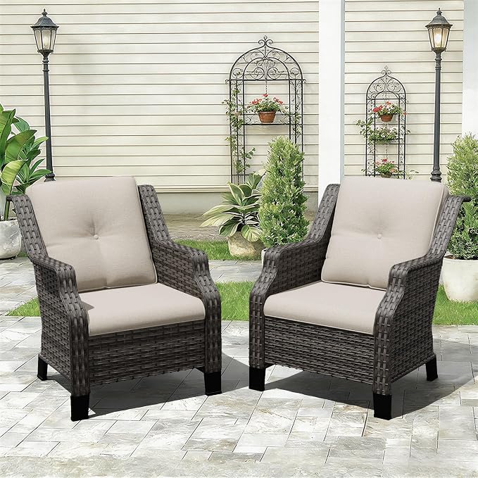 Outdoor Patio Chairs Set of 2, Wicker Patio Furniture with Thick Cushions, Curved Armrest, Deep Seating, Rattan Outdoor Chairs for Porch, Deck, Balcony