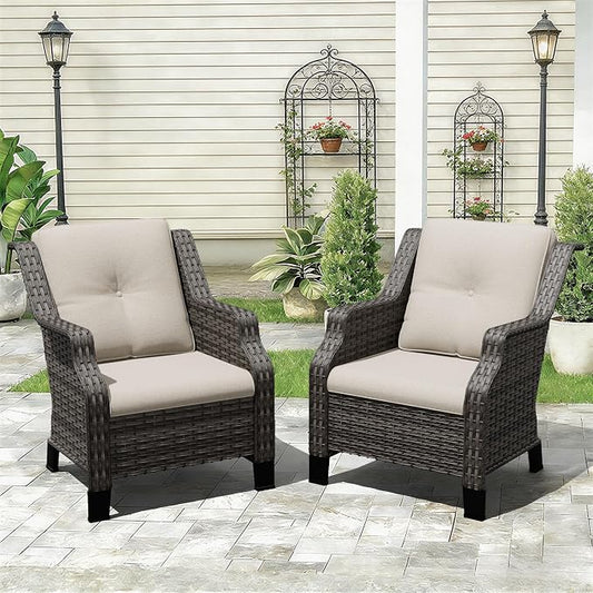 Outdoor Patio Chairs Set of 2, Wicker Patio Furniture with Thick Cushions, Curved Armrest, Deep Seating, Rattan Outdoor Chairs for Porch, Deck, Balcony
